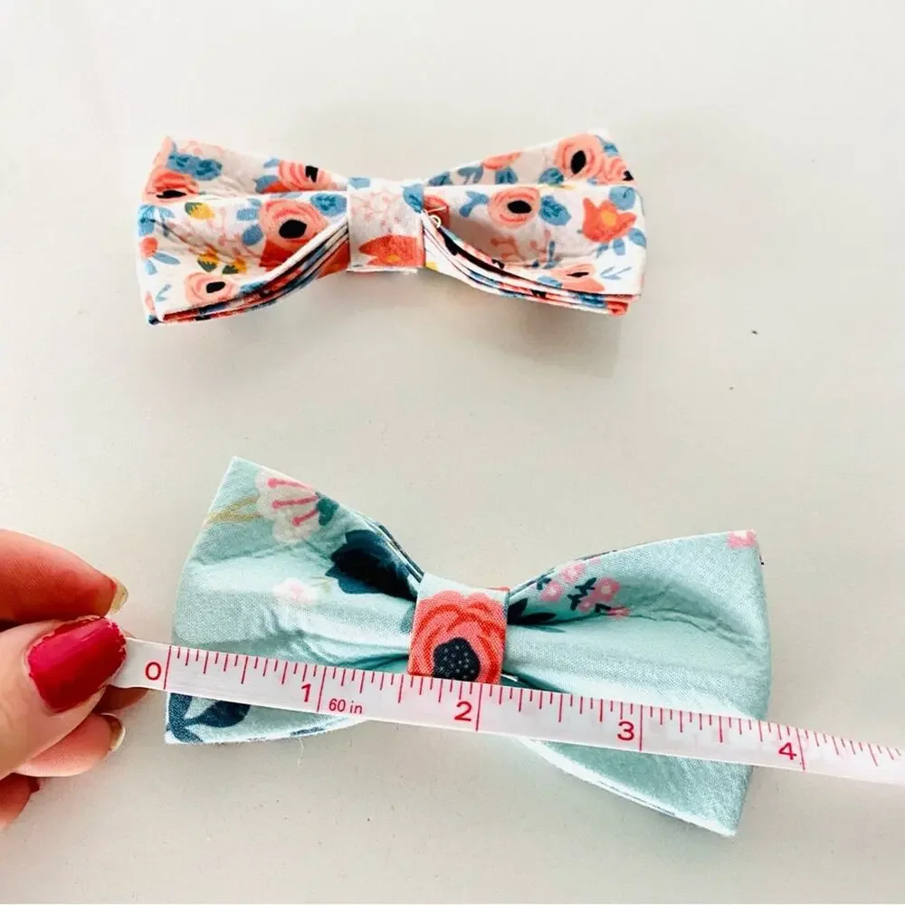 2 NEW HANDMADE Teal Blue Pink Coral Floral Dog Cat Pet Collar Elastic Bow Tie
